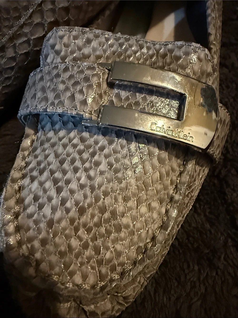 New! Calvin Klein Snake-Print Taupe Loafers with Metal Accent